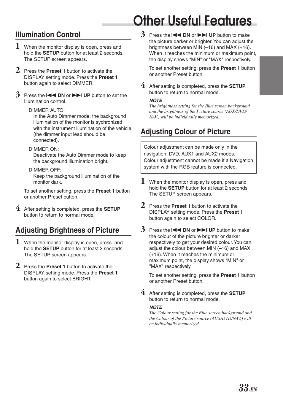 Other useful features, Illumination control, Adjusting brightness of picture | Adjusting colour of picture | Alpine CVA-1003R User Manual | Page 35 / 58