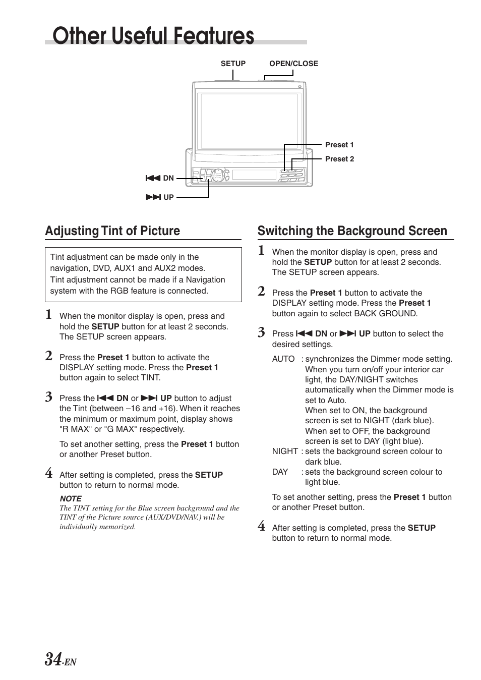 Other useful features, Adjusting tint of picture, Switching the background screen | Alpine CVA-1003R User Manual | Page 36 / 58