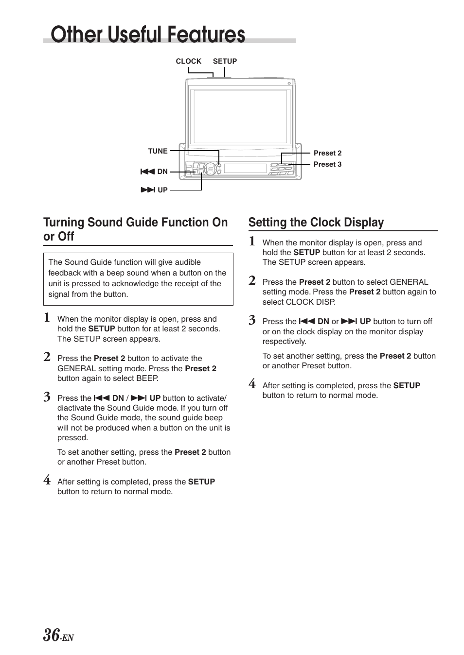 Other useful features, Turning sound guide function on or off, Setting the clock display | Alpine CVA-1003R User Manual | Page 38 / 58