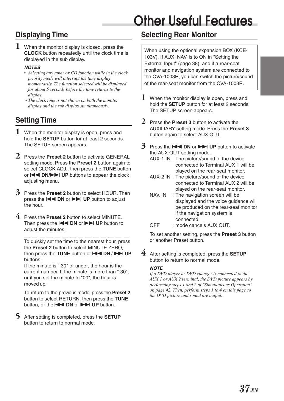 Other useful features, Displaying time, Setting time | Selecting rear monitor | Alpine CVA-1003R User Manual | Page 39 / 58