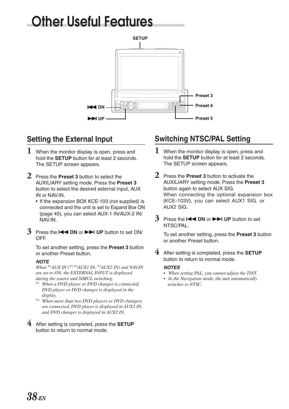 Other useful features, Switching ntsc/pal setting, Setting the external input | Alpine CVA-1003R User Manual | Page 40 / 58