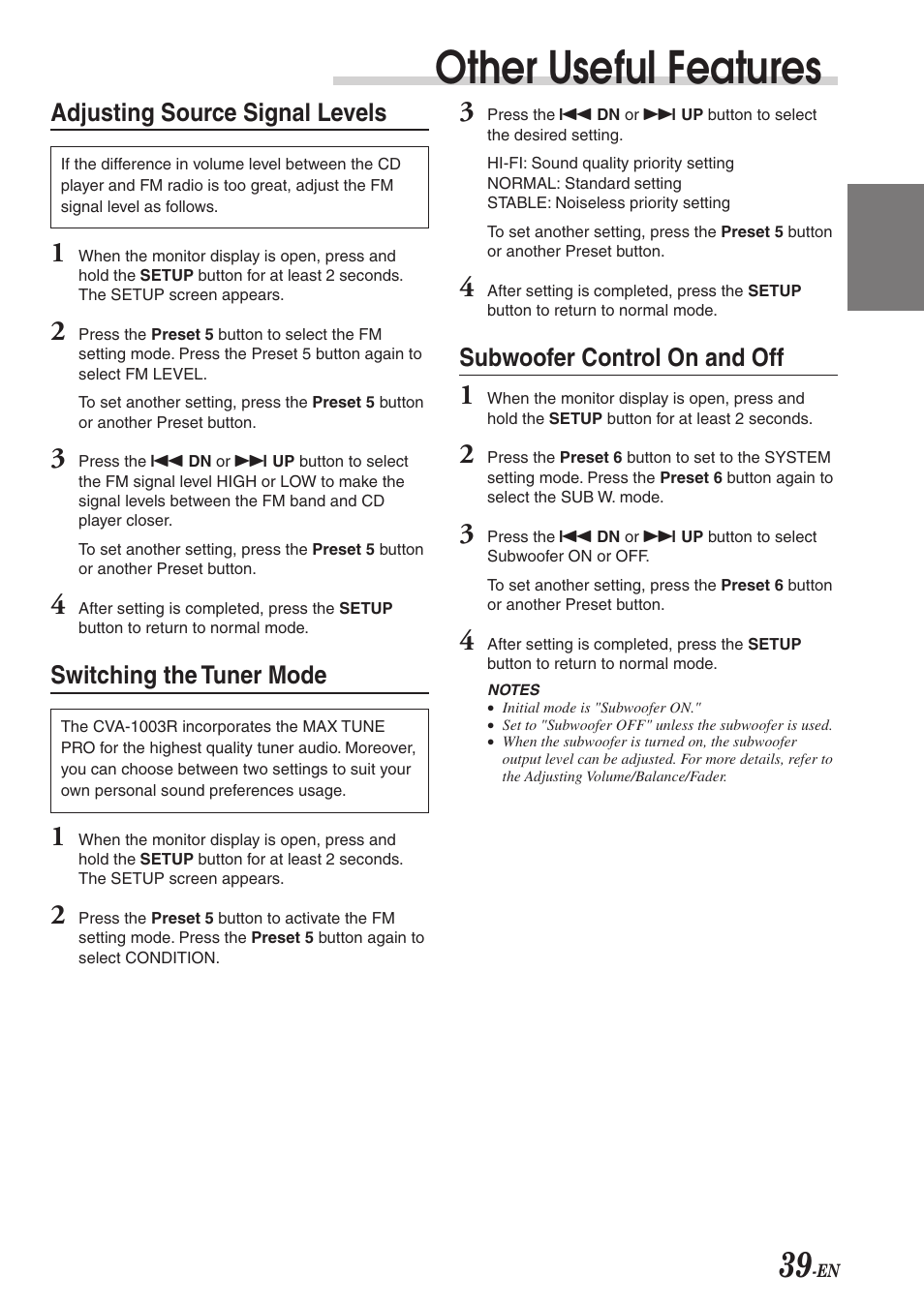 Other useful features, Adjusting source signal levels, Switching the tuner mode | Subwoofer control on and off | Alpine CVA-1003R User Manual | Page 41 / 58