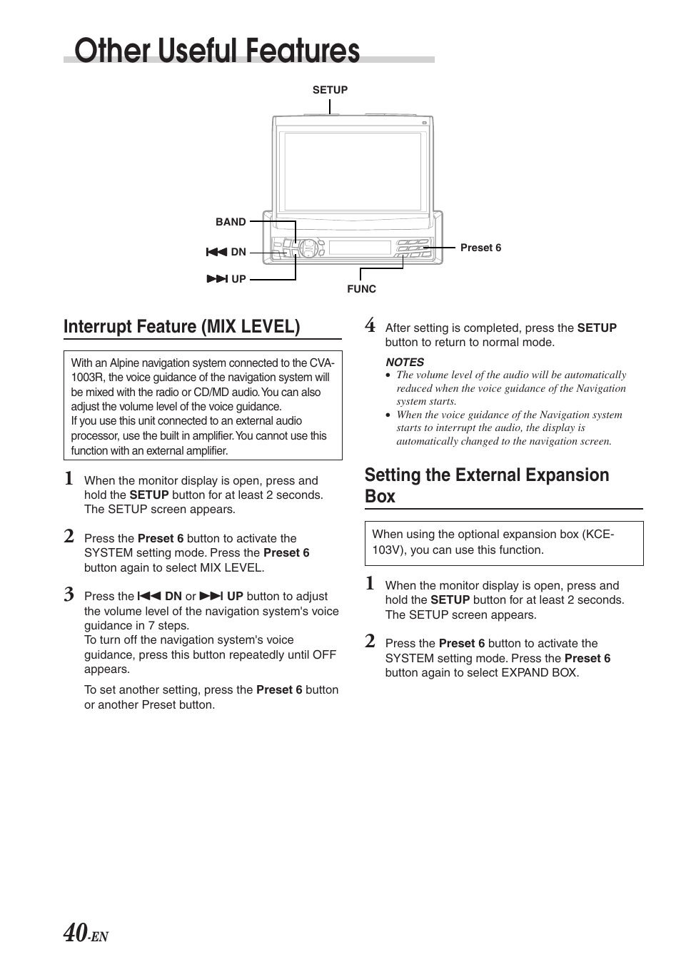 Other useful features, Interrupt feature (mix level), Setting the external expansion box | Alpine CVA-1003R User Manual | Page 42 / 58