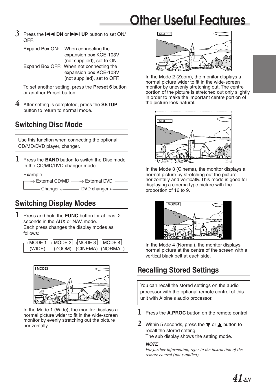 Other useful features, Switching disc mode, Switching display modes | Recalling stored settings | Alpine CVA-1003R User Manual | Page 43 / 58