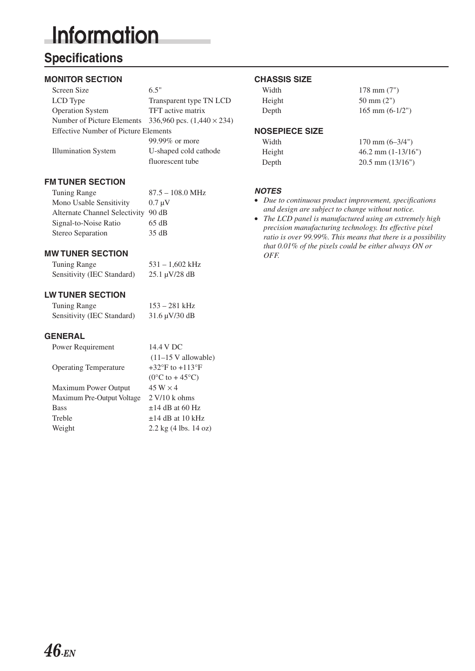 Information, Specifications | Alpine CVA-1003R User Manual | Page 48 / 58