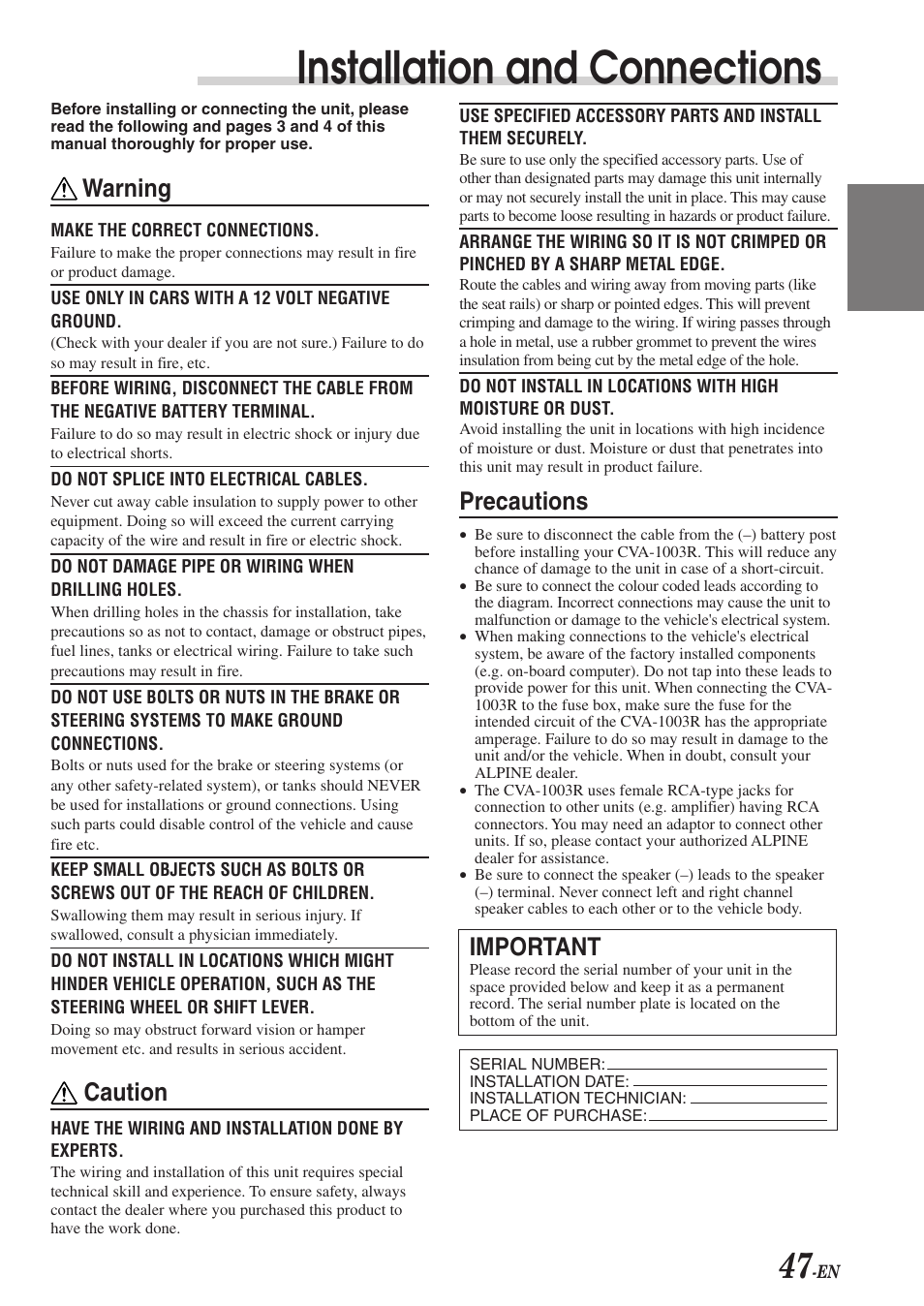 Installation and connections, Warning, Caution | Precautions, Important | Alpine CVA-1003R User Manual | Page 49 / 58
