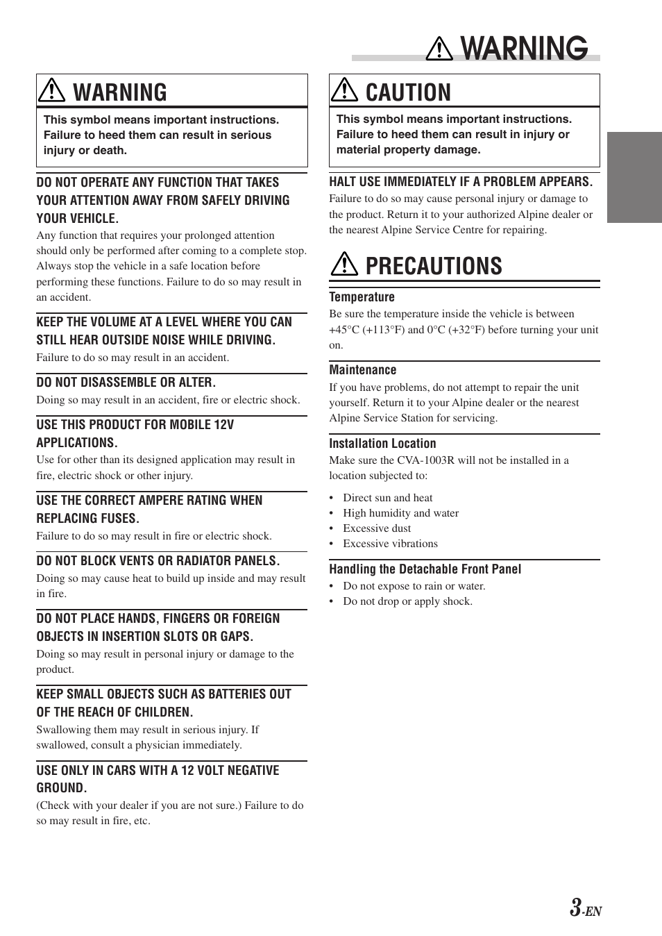 Warning, Caution, Precautions | Alpine CVA-1003R User Manual | Page 5 / 58