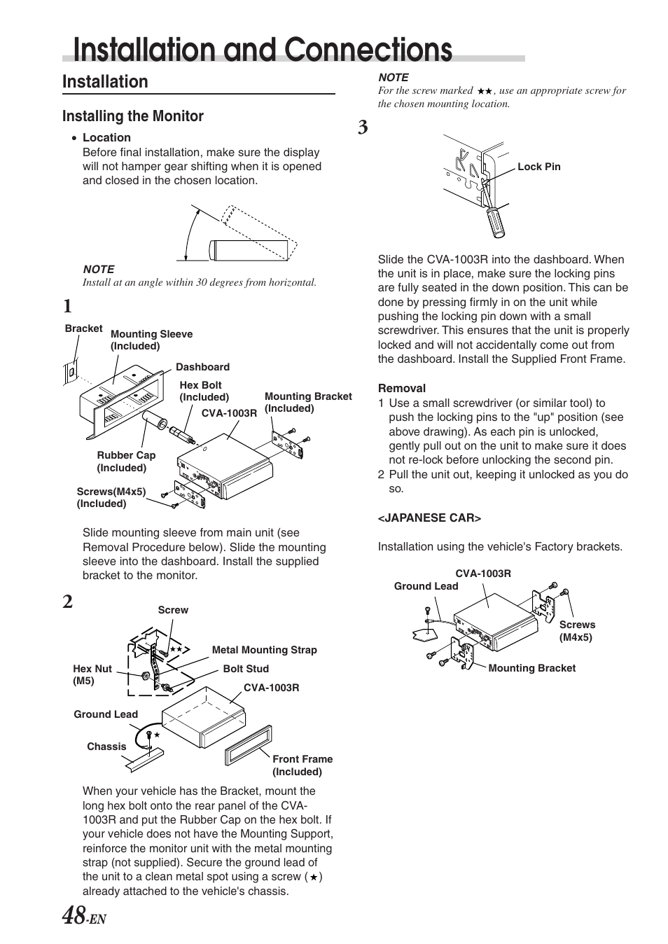 Installation and connections, Installation, Installing the monitor | Alpine CVA-1003R User Manual | Page 50 / 58
