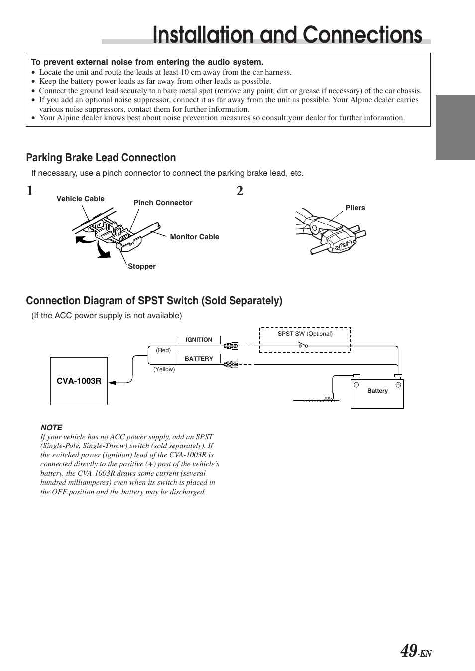 Installation and connections, Parking brake lead connection | Alpine CVA-1003R User Manual | Page 51 / 58