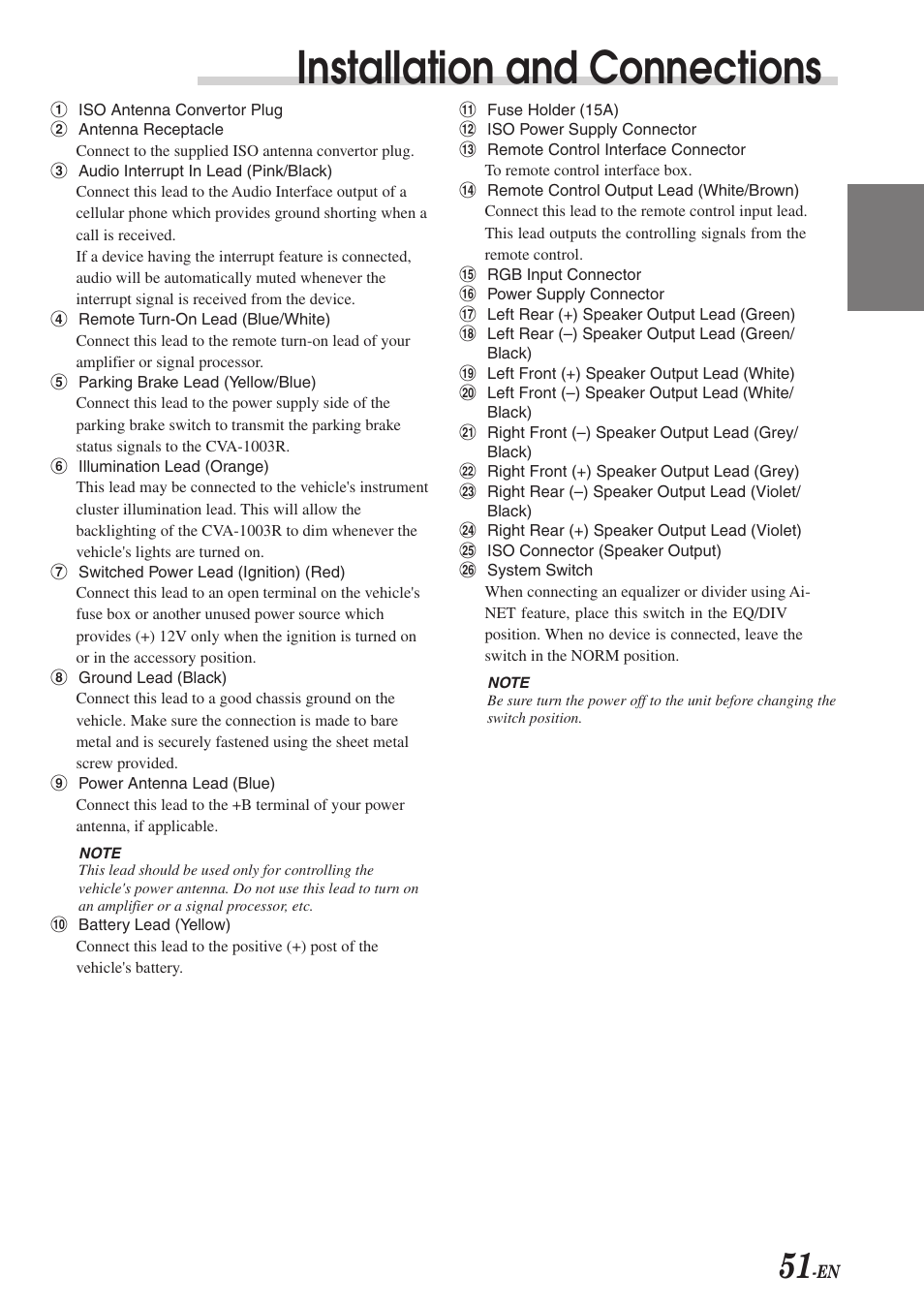 Installation and connections | Alpine CVA-1003R User Manual | Page 53 / 58
