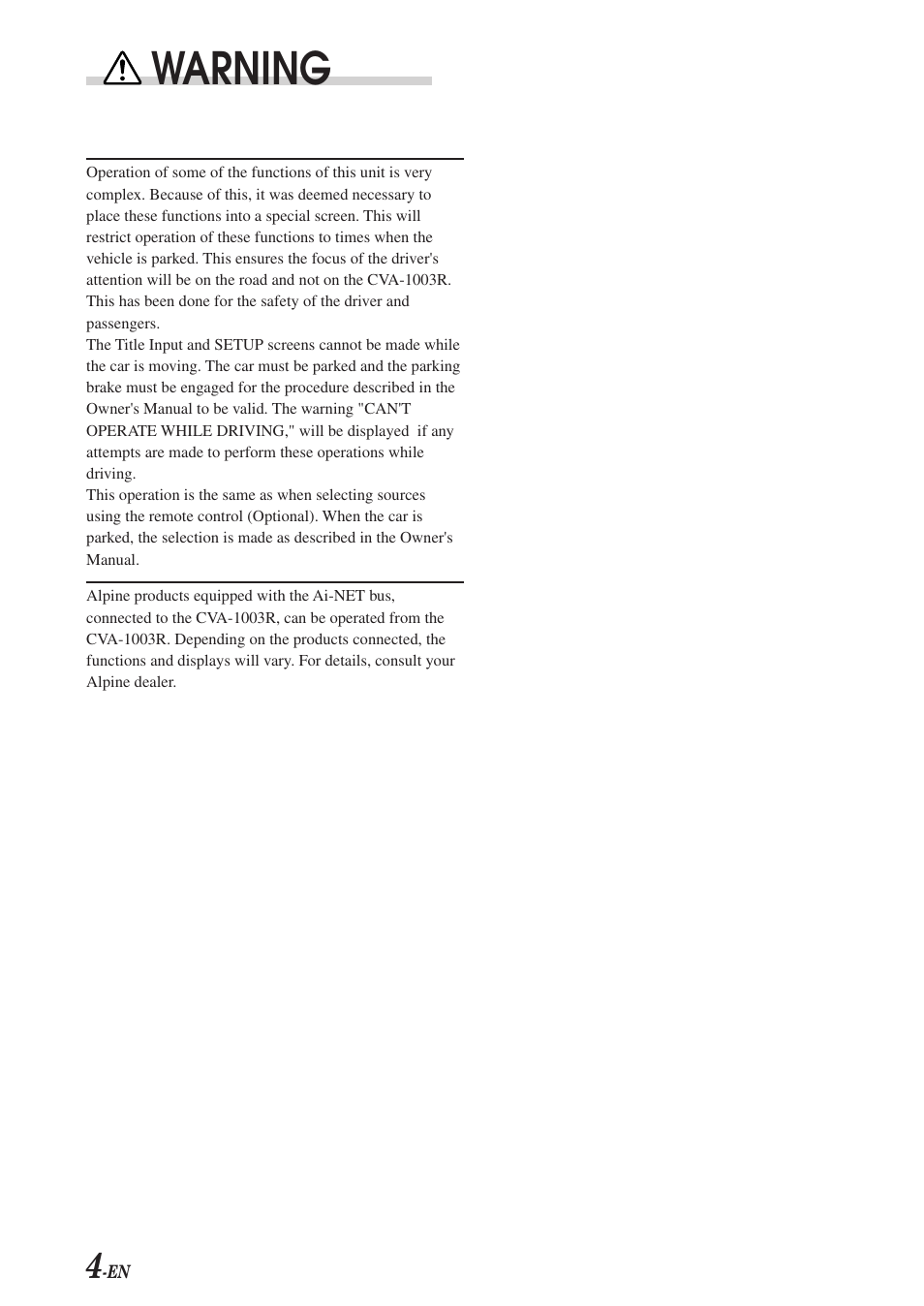 Warning | Alpine CVA-1003R User Manual | Page 6 / 58