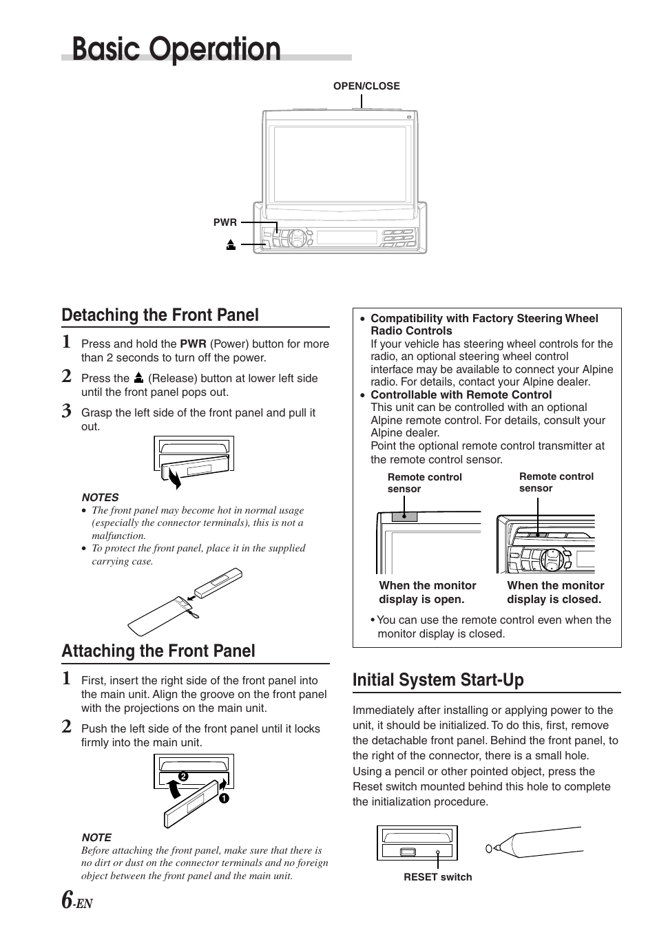Basic operation, Detaching the front panel, Attaching the front panel | Initial system start-up | Alpine CVA-1003R User Manual | Page 8 / 58