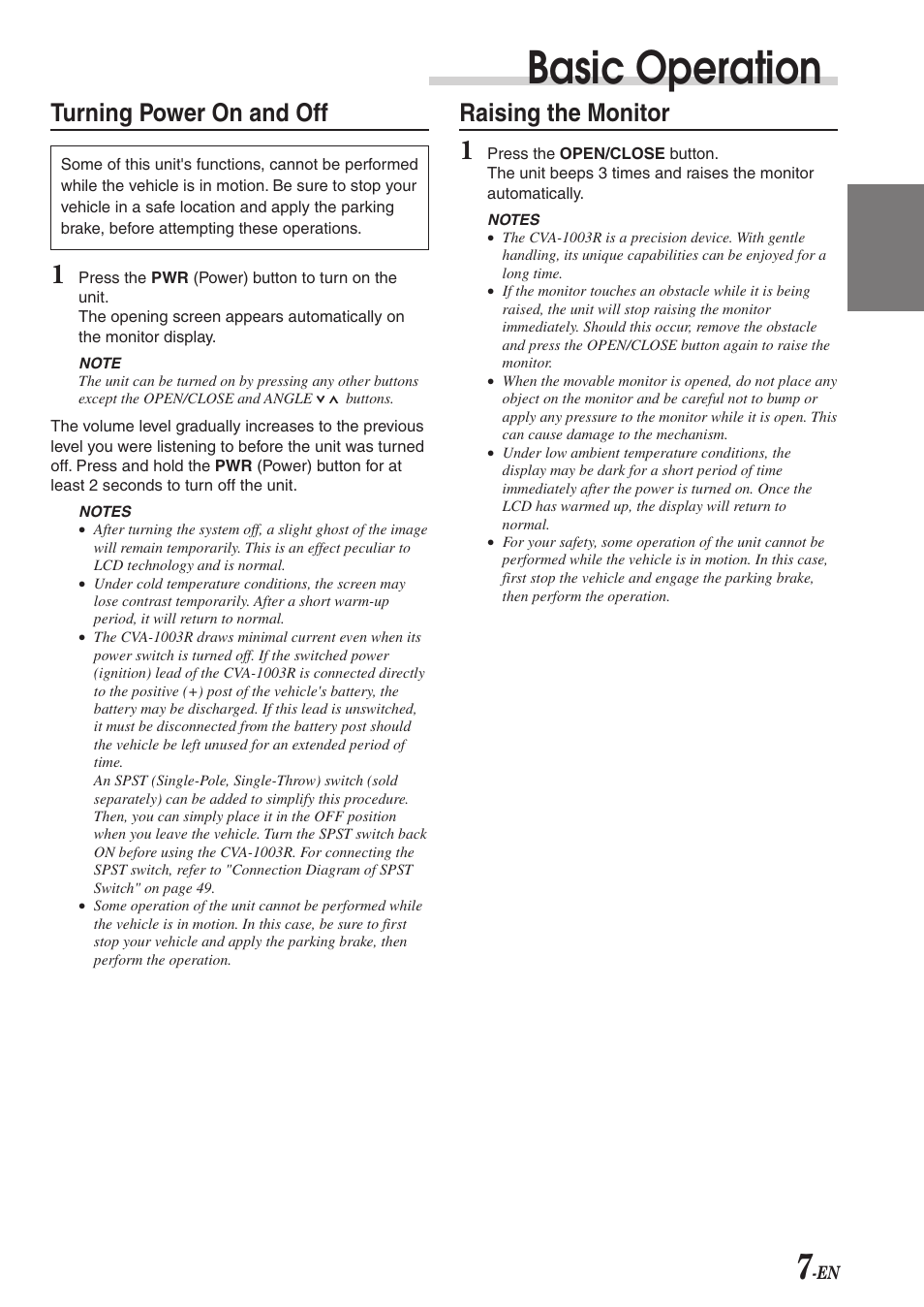 Basic operation, Turning power on and off, Raising the monitor | Alpine CVA-1003R User Manual | Page 9 / 58