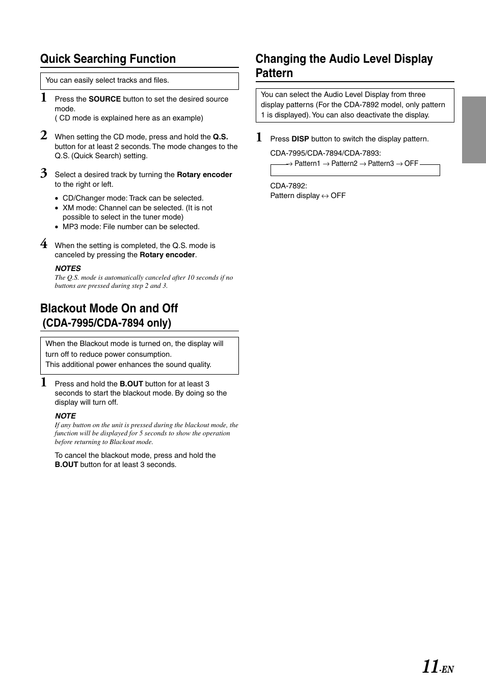 Quick searching function, Blackout mode on and off, Changing the audio level display pattern | Alpine CDA-7892 User Manual | Page 13 / 43