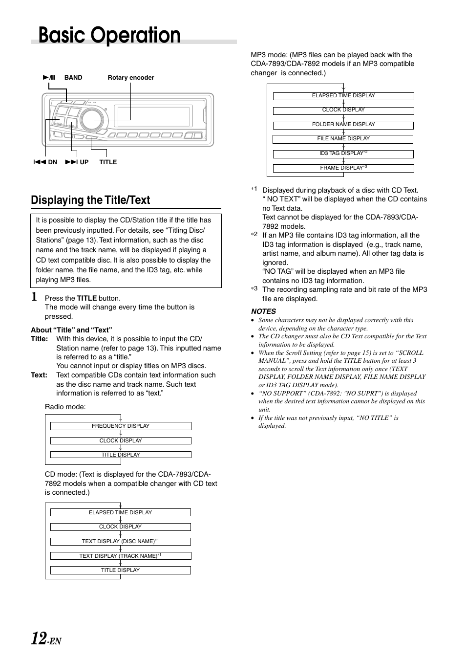 Basic operation, Displaying the title/text | Alpine CDA-7892 User Manual | Page 14 / 43