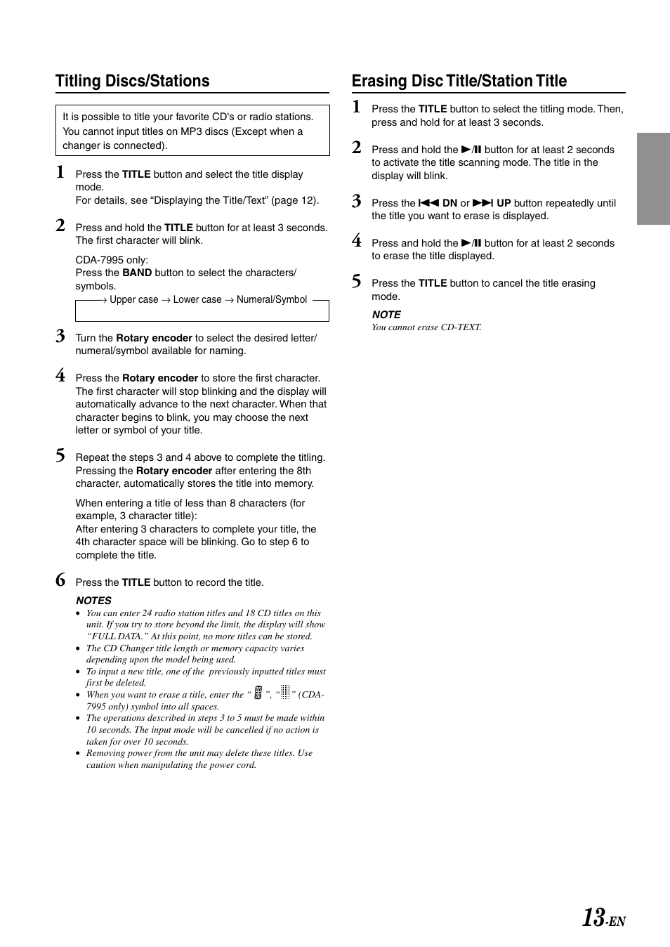 Titling discs/stations, Erasing disc title/station title | Alpine CDA-7892 User Manual | Page 15 / 43