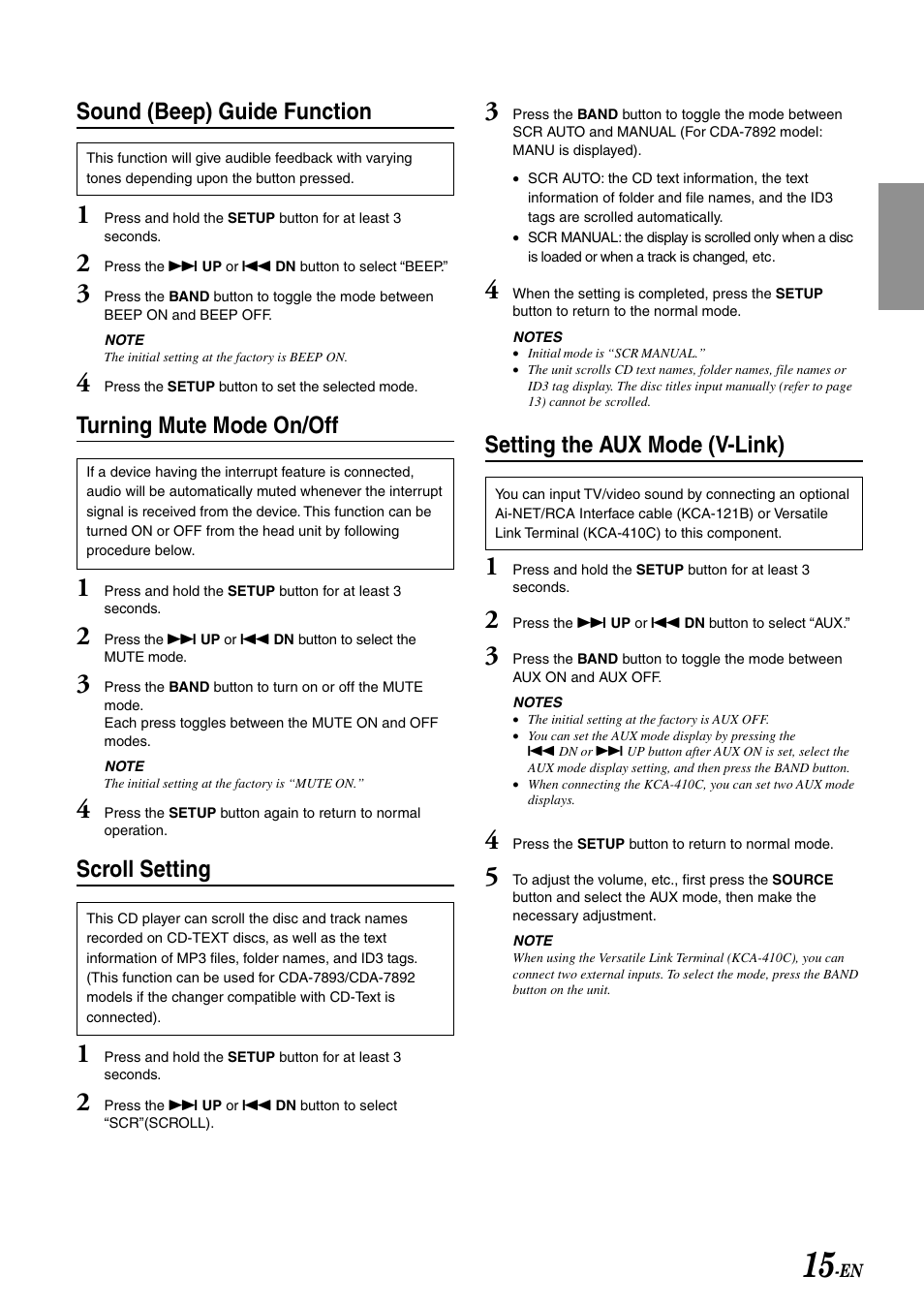 Sound (beep) guide function, Turning mute mode on/off, Scroll setting | Setting the aux mode (v-link) | Alpine CDA-7892 User Manual | Page 17 / 43
