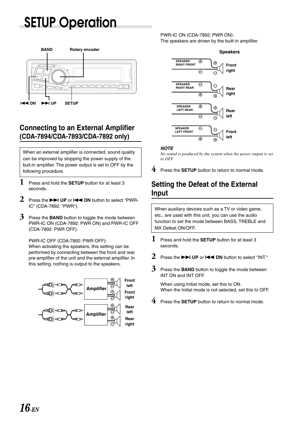 Setup operation, Connecting to an external amplifier, Setting the defeat of the external input | Alpine CDA-7892 User Manual | Page 18 / 43