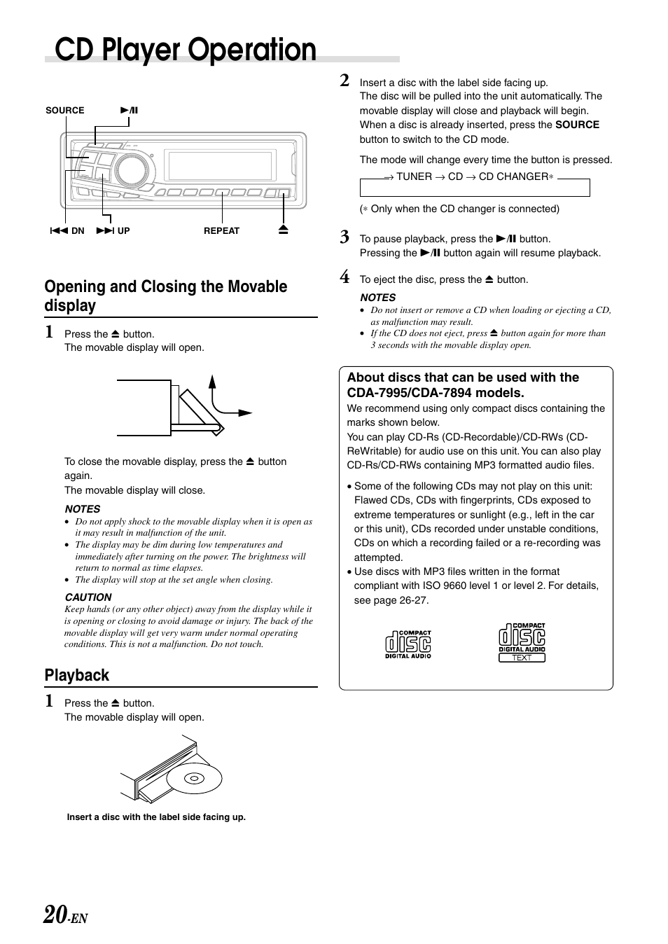 Cd player operation, Opening and closing the movable display, Playback | Alpine CDA-7892 User Manual | Page 22 / 43