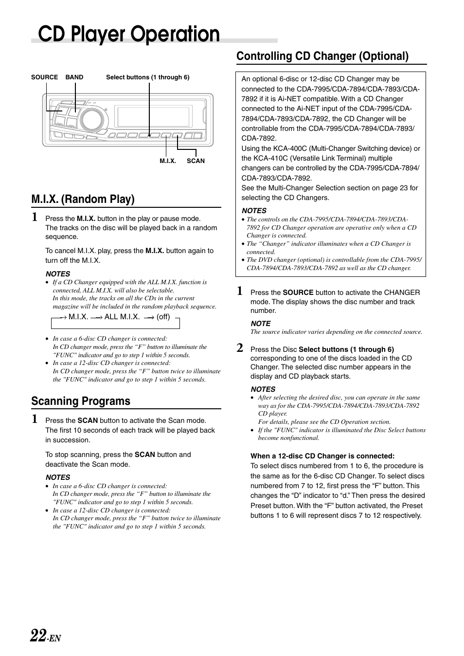 Cd player operation, Controlling cd changer (optional), M.i.x. (random play) | Scanning programs | Alpine CDA-7892 User Manual | Page 24 / 43
