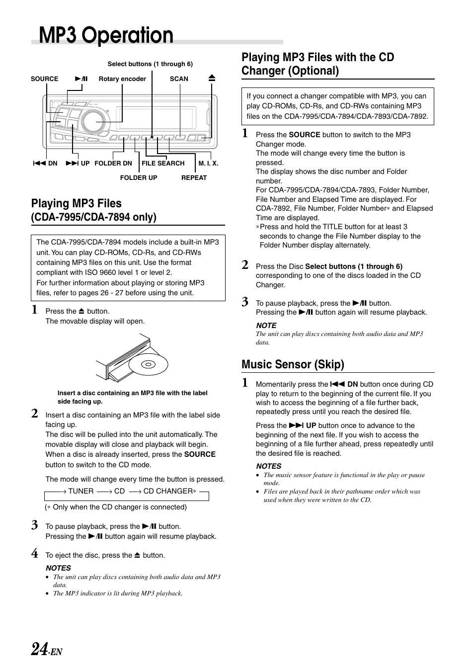 Mp3 operation, Playing mp3 files, Playing mp3 files with the cd changer (optional) | Music sensor (skip) | Alpine CDA-7892 User Manual | Page 26 / 43