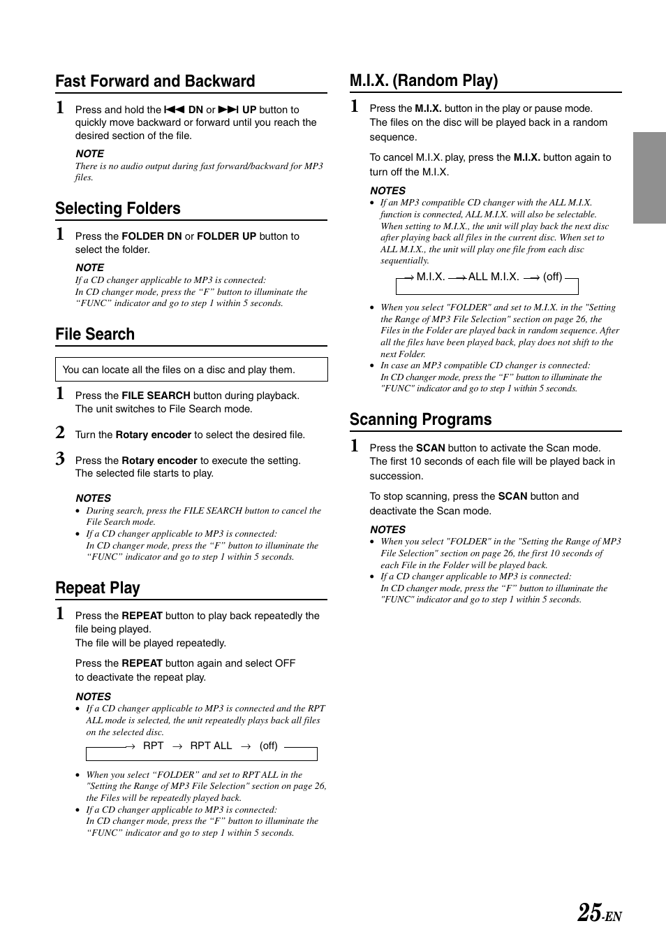 M.i.x. (random play), Scanning programs, Fast forward and backward | Selecting folders, File search, Repeat play | Alpine CDA-7892 User Manual | Page 27 / 43