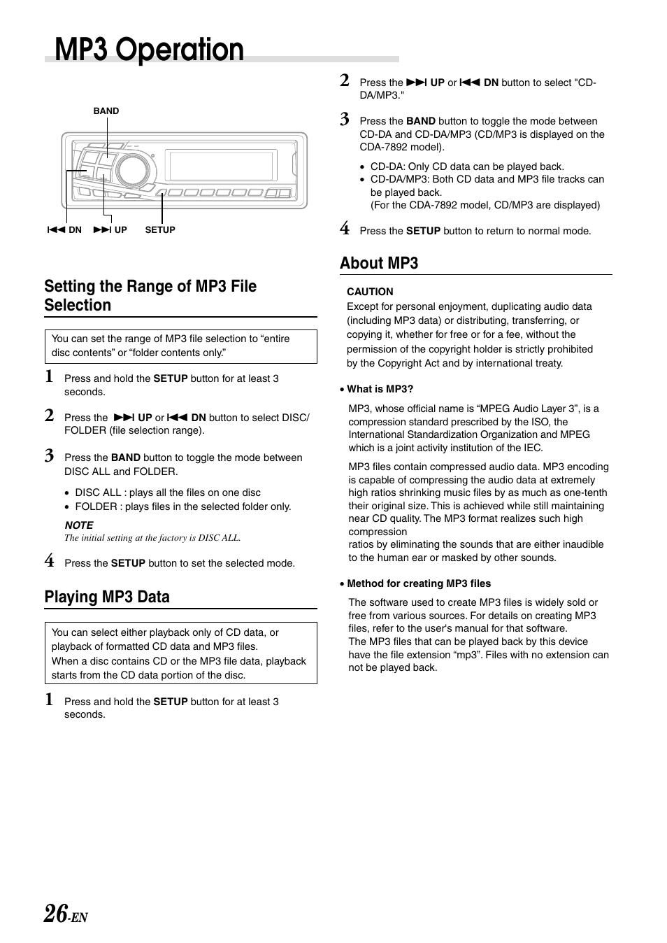 Mp3 operation, Setting the range of mp3 file selection, Playing mp3 data | About mp3 | Alpine CDA-7892 User Manual | Page 28 / 43