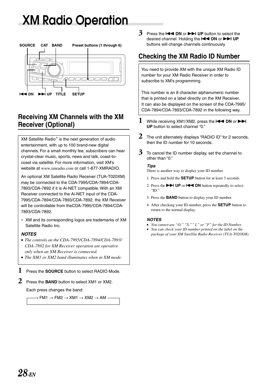 Xm radio operation, Checking the xm radio id number | Alpine CDA-7892 User Manual | Page 30 / 43