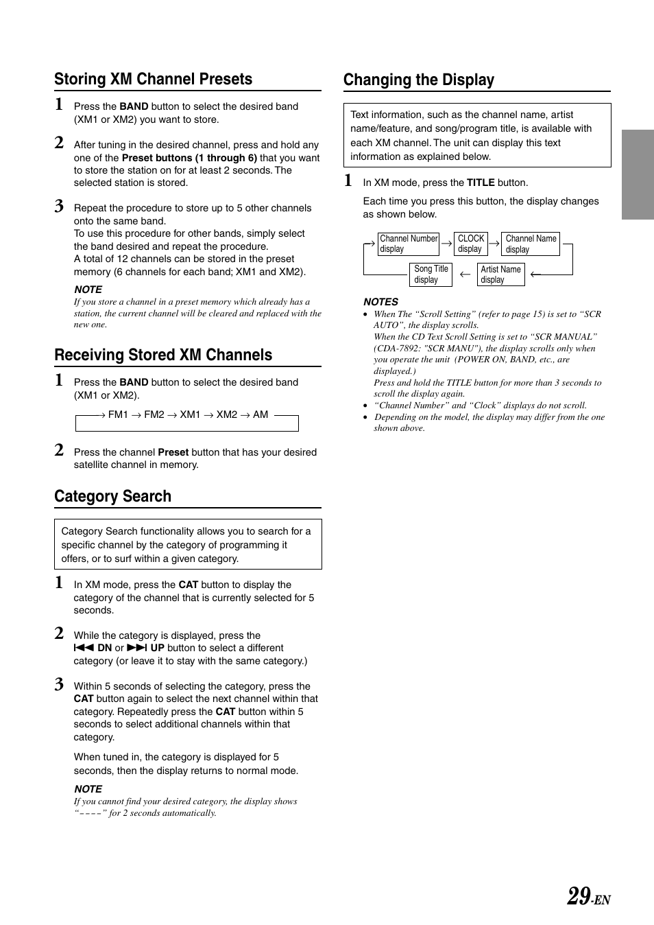 Storing xm channel presets, Receiving stored xm channels, Category search | Changing the display | Alpine CDA-7892 User Manual | Page 31 / 43