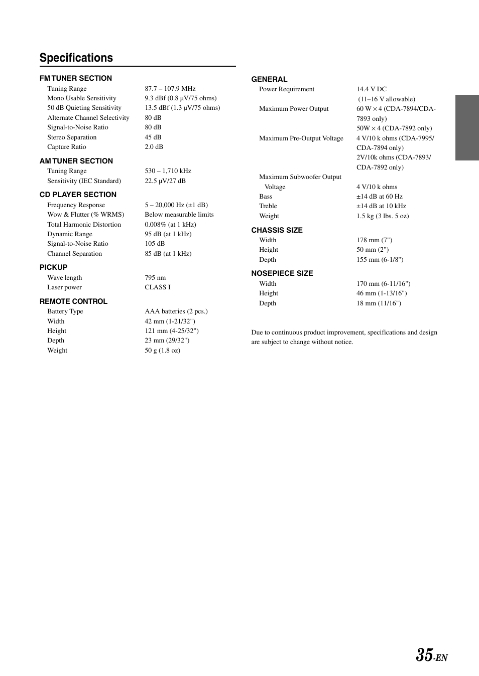Specifications | Alpine CDA-7892 User Manual | Page 37 / 43