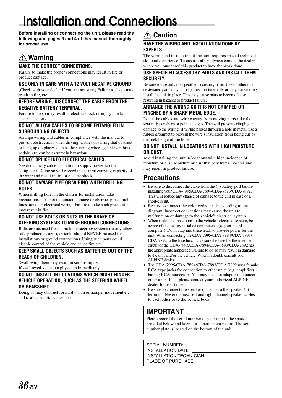 Installation and connections, Caution, Precautions | Important, Warning | Alpine CDA-7892 User Manual | Page 38 / 43