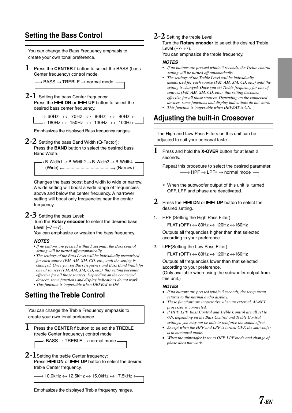 Setting the bass control, Setting the treble control, Adjusting the built-in crossover | Alpine CDA-7892 User Manual | Page 9 / 43