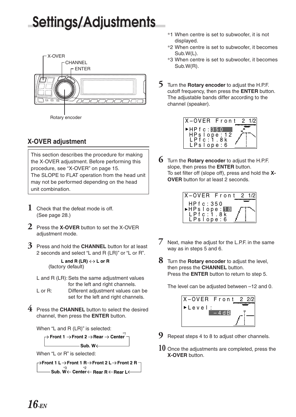 Settings/adjustments, X-over adjustment | Alpine PXA-H701 User Manual | Page 17 / 49