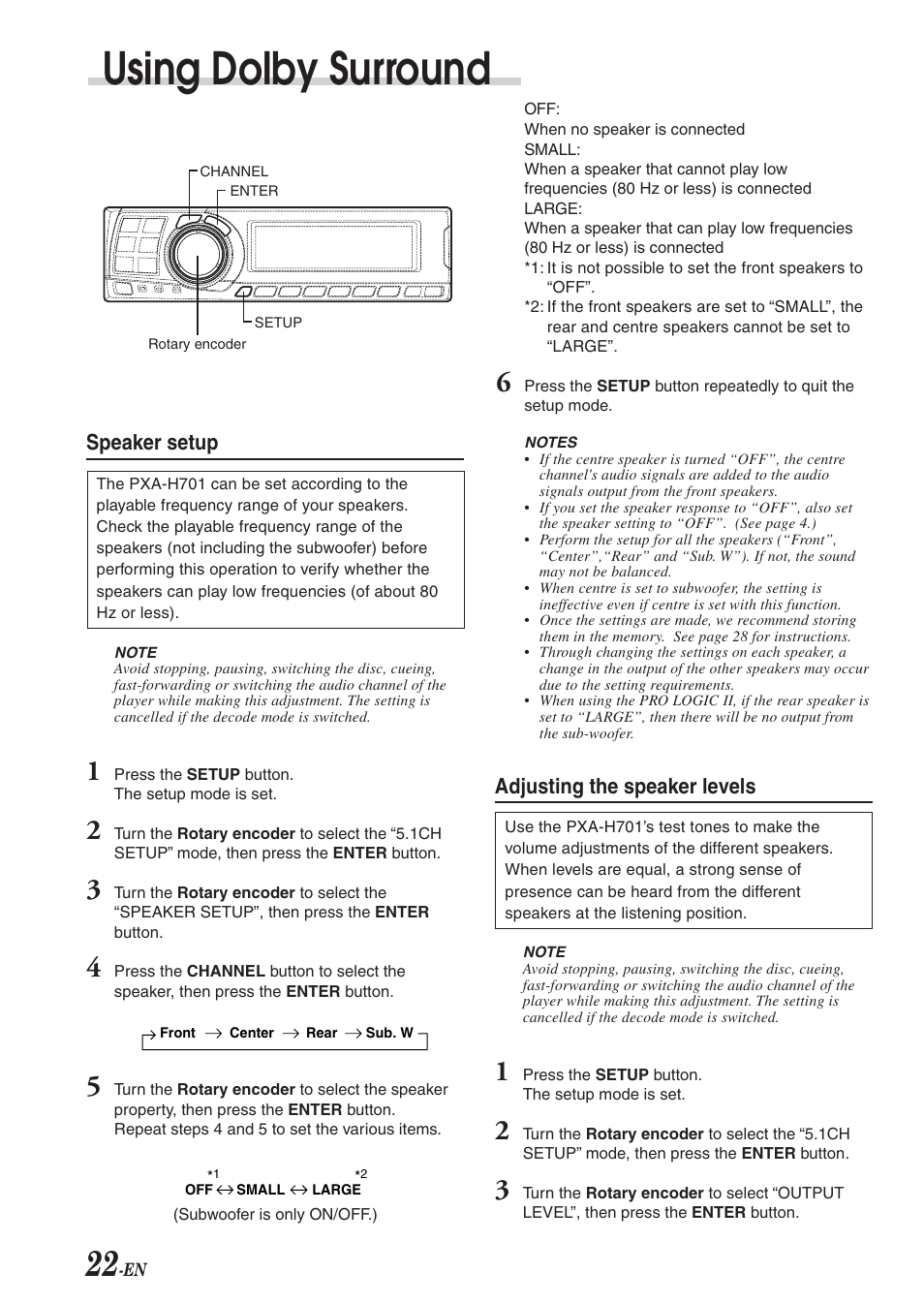 Using dolby surround, Adjusting the speaker levels, Speaker setup | Alpine PXA-H701 User Manual | Page 23 / 49