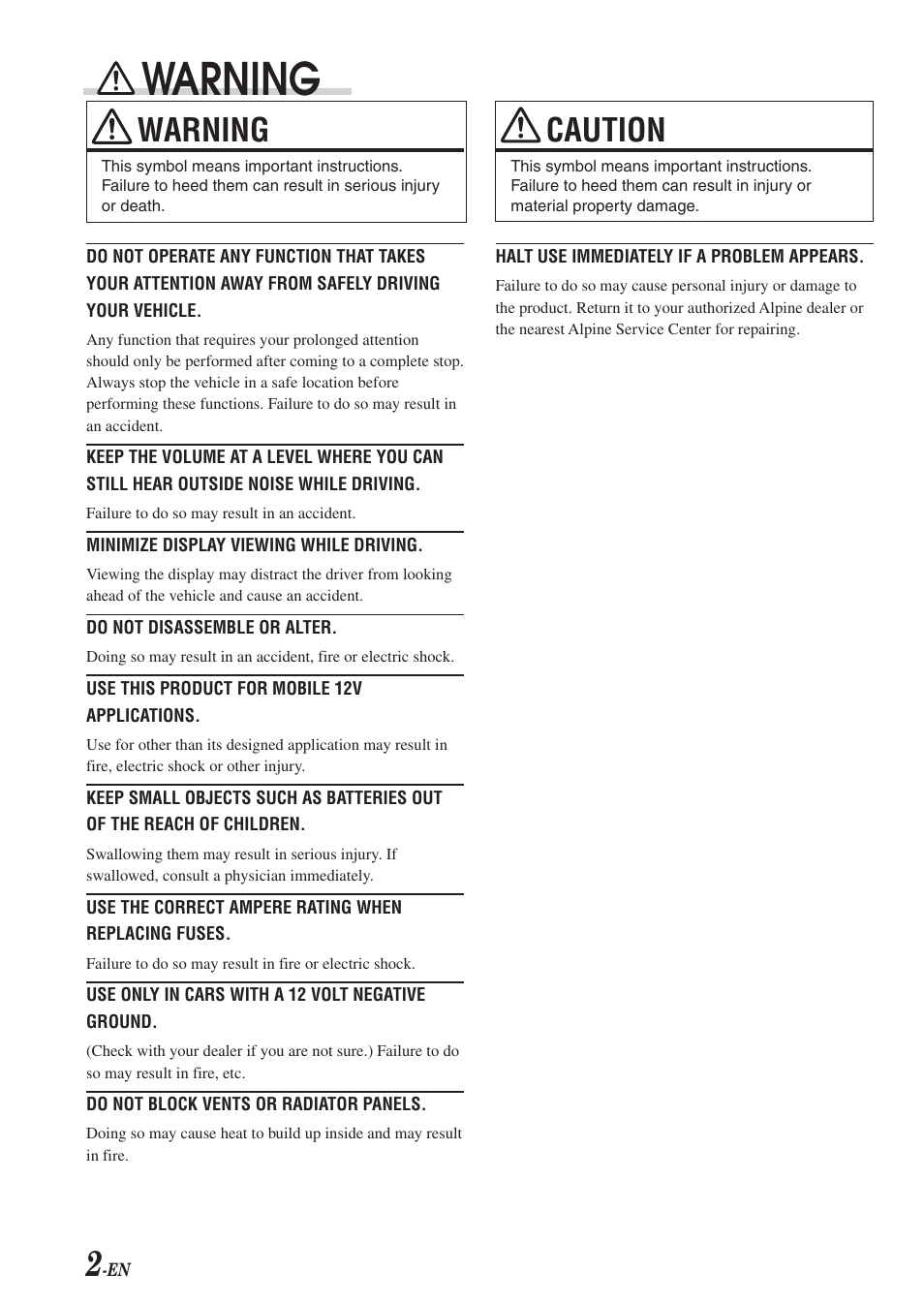Warning, Caution | Alpine PXA-H701 User Manual | Page 3 / 49