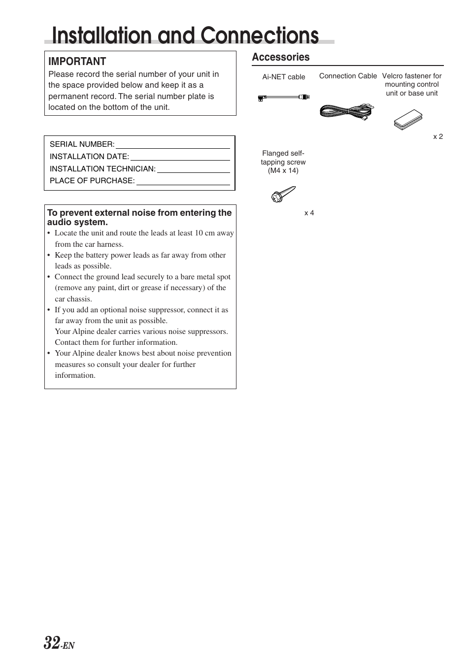 Installation and connections, Important, Accessories | Alpine PXA-H701 User Manual | Page 33 / 49