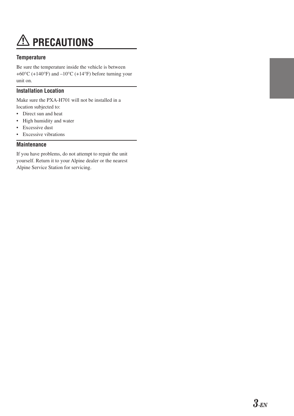 Precautions | Alpine PXA-H701 User Manual | Page 4 / 49