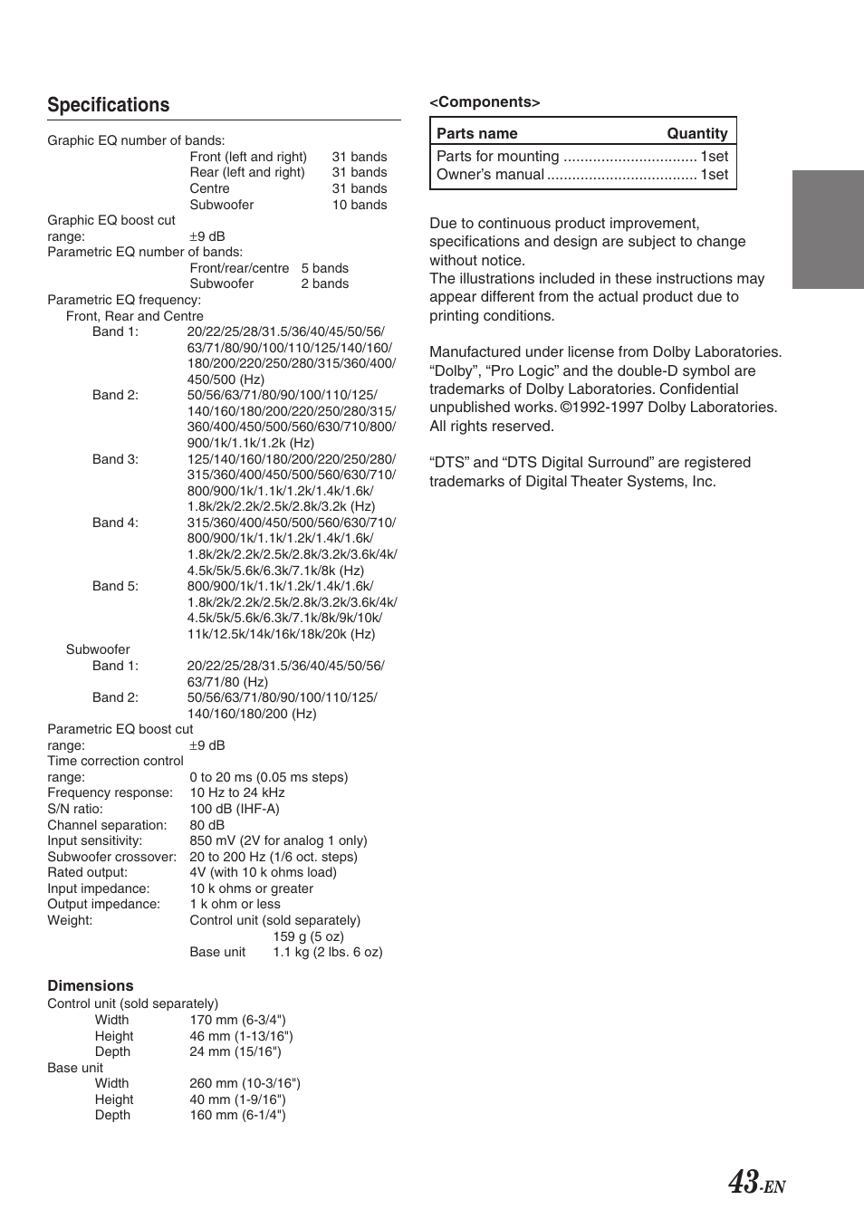 En fr es de se it, Specifications | Alpine PXA-H701 User Manual | Page 44 / 49