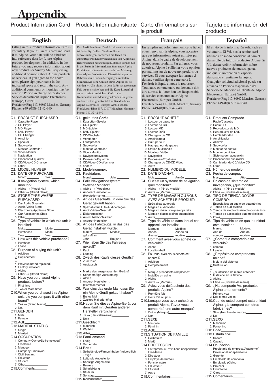 Appendix, Product information card english, Produkt-informationskarte deutsch | Carte d’informations sur le produit français, Tarjeta de información del producto español | Alpine PXA-H701 User Manual | Page 47 / 49