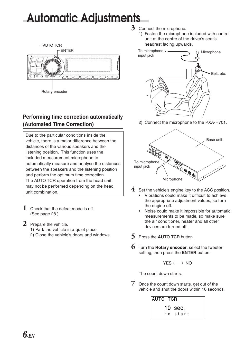 Automatic adjustments, 10 sec | Alpine PXA-H701 User Manual | Page 7 / 49