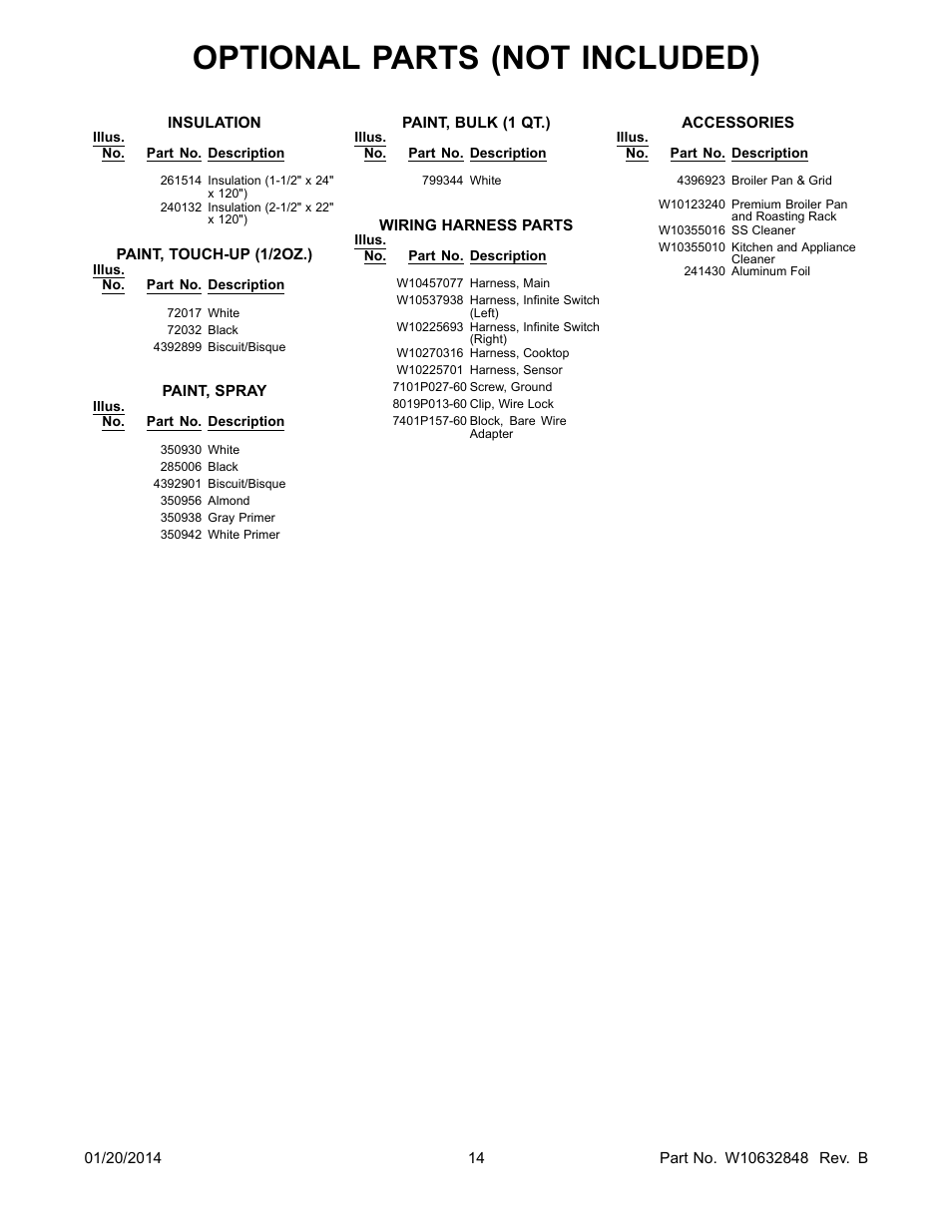 Optional, Optional parts (not included) | Whirlpool WGE555S0BS User Manual | Page 14 / 14