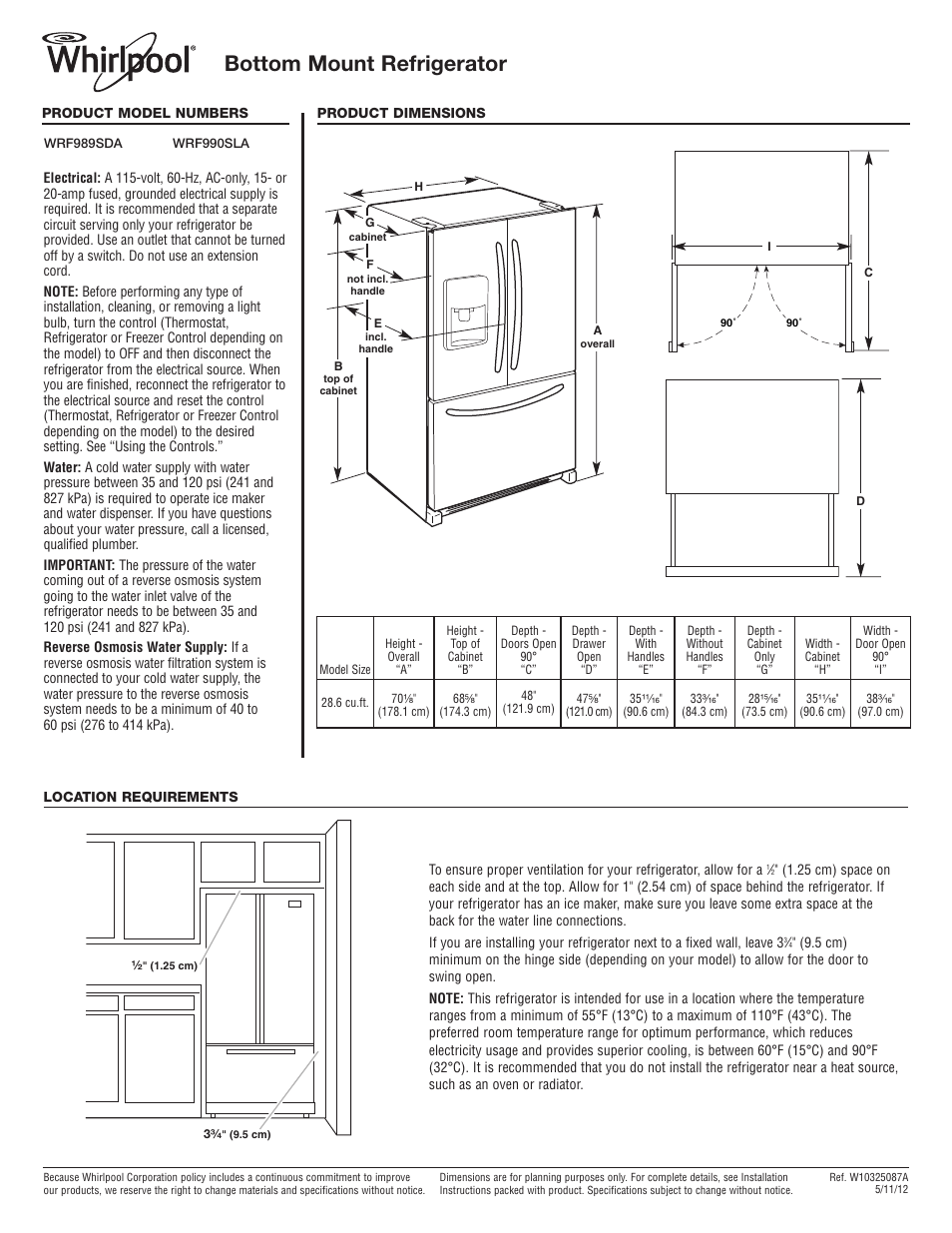 Whirlpool WRF989SDAM User Manual | 1 page