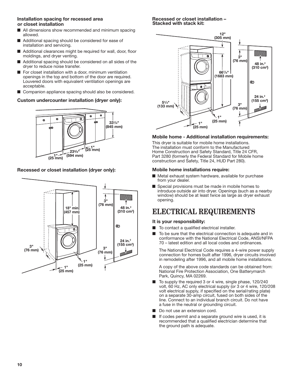 Electrical requirements | Whirlpool WED7500VW User Manual | Page 10 / 24