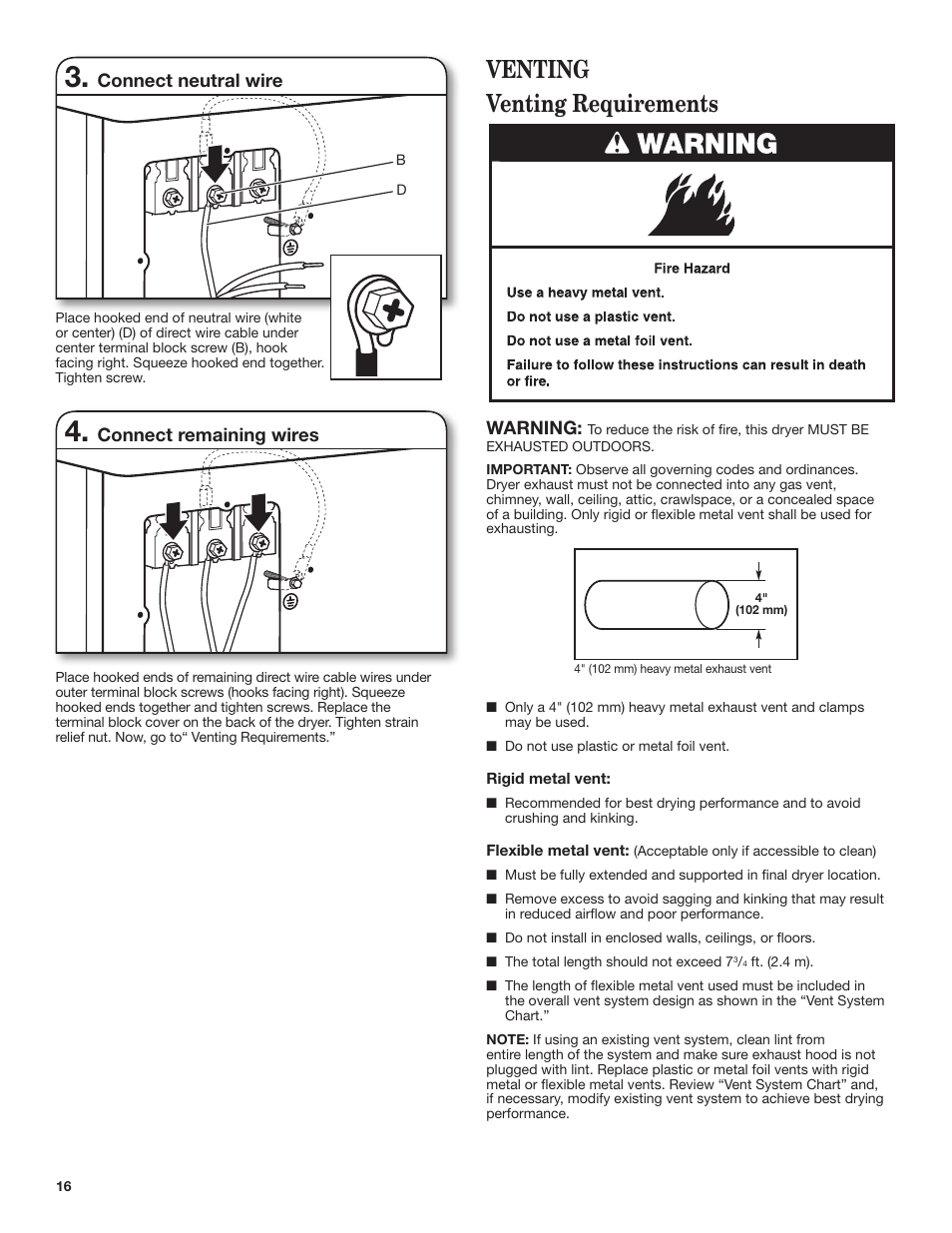 Venting requirements venting | Whirlpool WED7500VW User Manual | Page 16 / 24