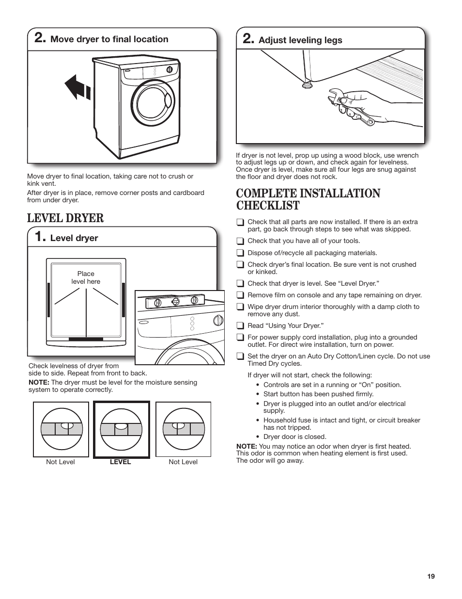 Level dryer, Complete installation checklist | Whirlpool WED7500VW User Manual | Page 19 / 24