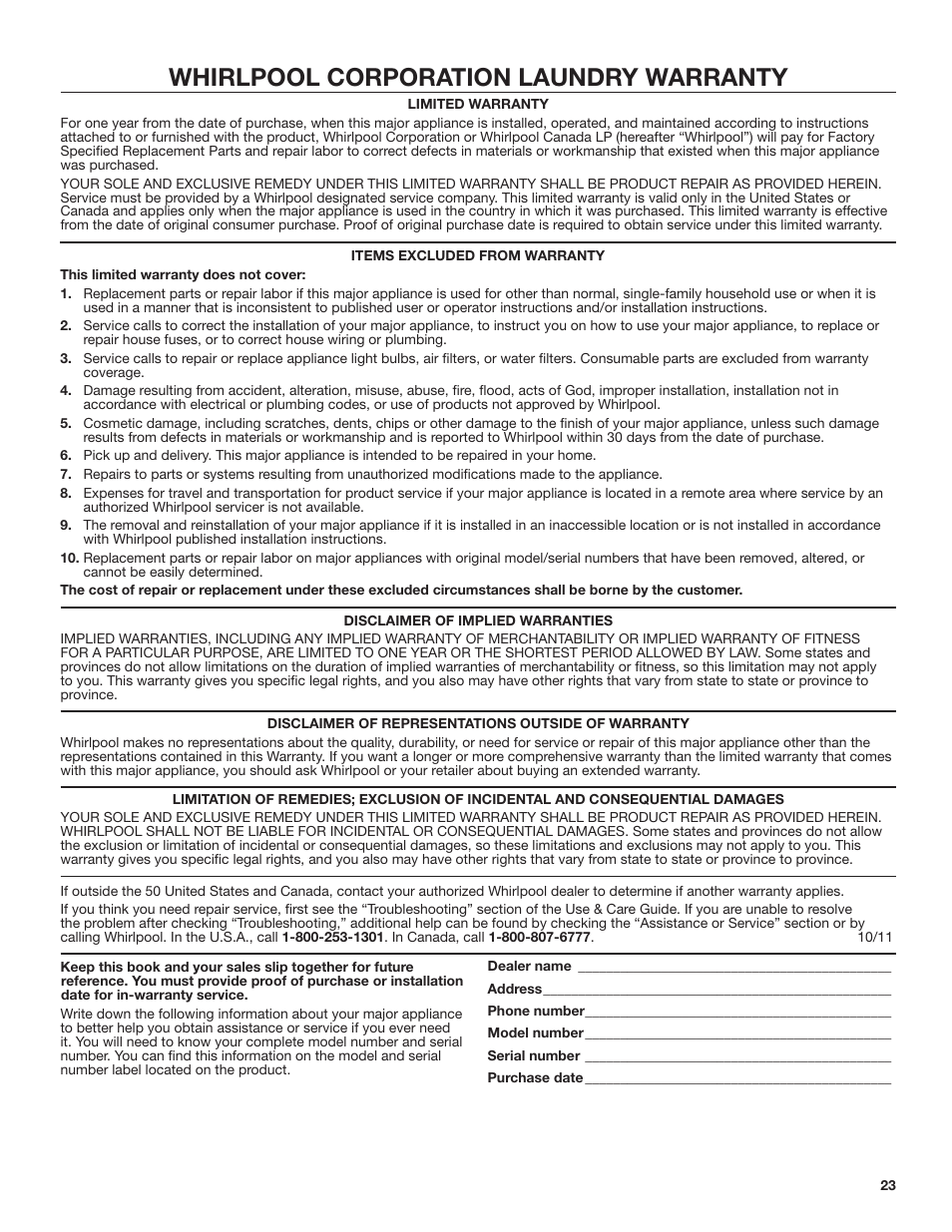 Whirlpool corporation laundry warranty | Whirlpool WED7500VW User Manual | Page 23 / 24