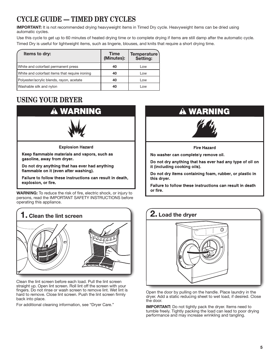 Cycle guide — timed dry cycles, Using your dryer | Whirlpool WED7500VW User Manual | Page 5 / 24