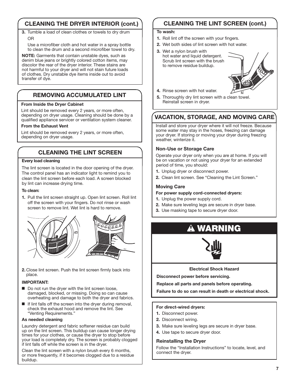 Warning, Removing accumulated lint, Cleaning the dryer interior (cont.) | Cleaning the lint screen, Vacation, storage, and moving care, Cleaning the lint screen (cont.) | Whirlpool WED7500VW User Manual | Page 7 / 24