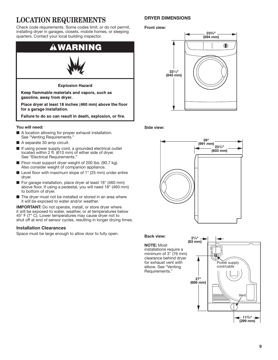Location requirements | Whirlpool WED7500VW User Manual | Page 9 / 24