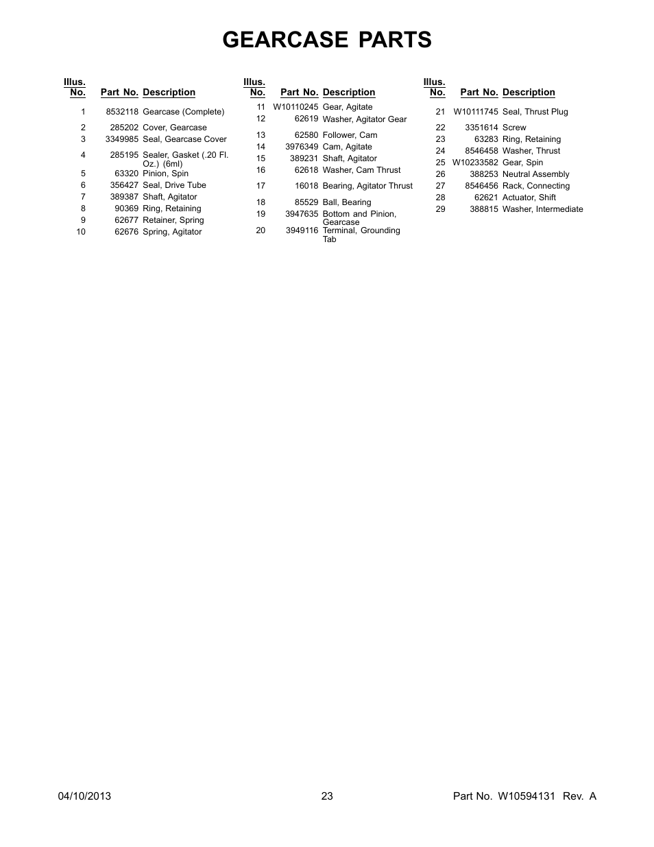 Gearcase parts | Whirlpool WET3300XQ User Manual | Page 23 / 28